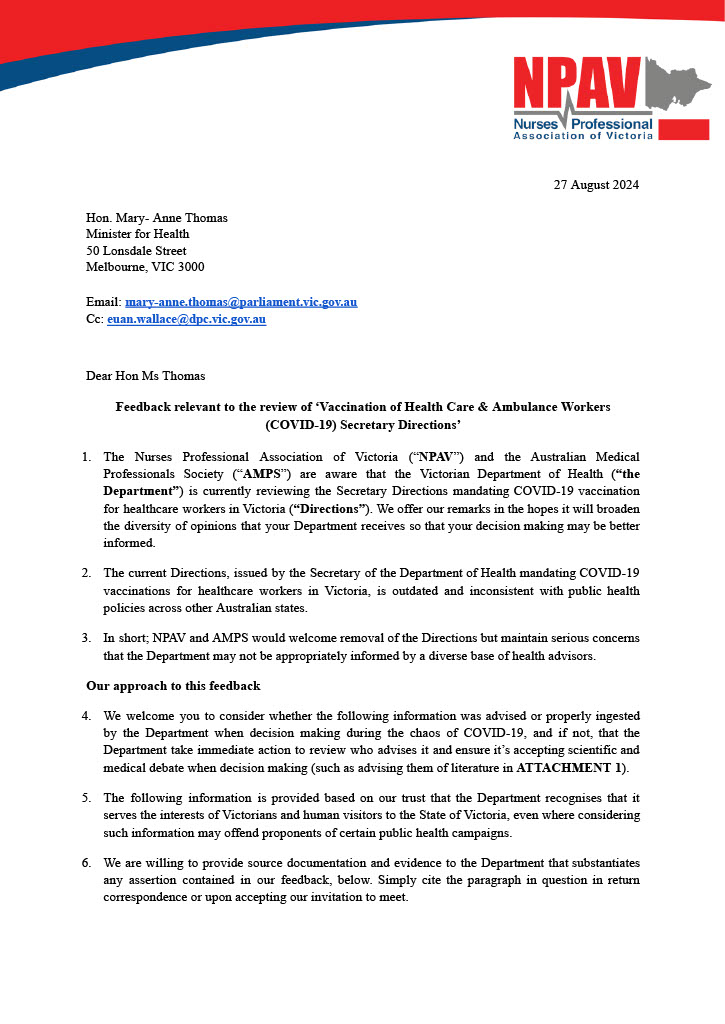 Letter to Minister Thomas:&nbsp;Feedback relevant to the review of ‘Vaccination of Health Care & Ambulance Workers(COVID-19) Secretary Directions’