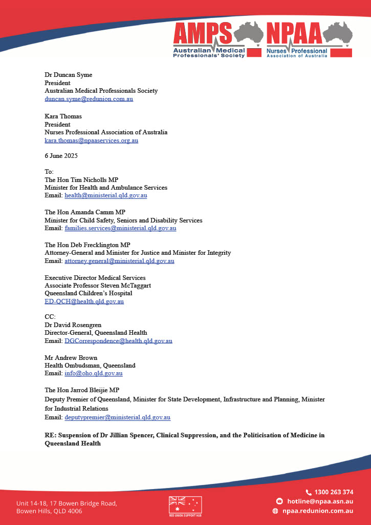Suspension of Dr Jillian Spencer, Clinical Suppression, and the Politicisation of Medicine in Queensland Health