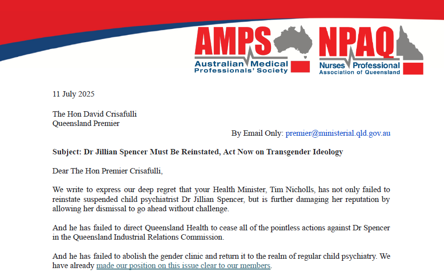 Letter to QLD premier:&nbsp;Dr Jillian Spencer Must Be Reinstated, Act Now on Transgender Ideology