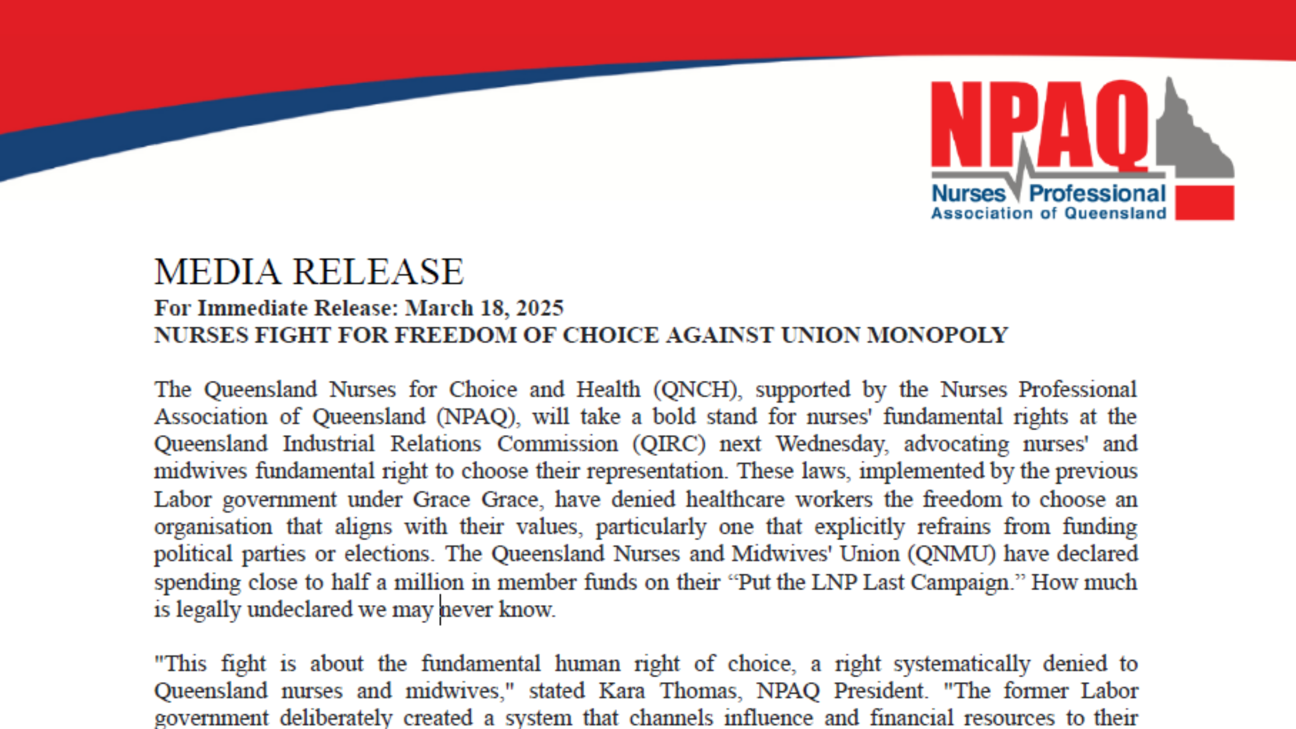 Media Release: Nurses Fight For Freedom of Choice Against Union Monopoly
