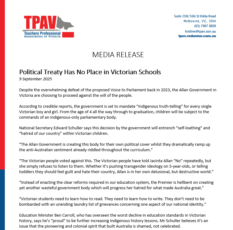 MEDIA RELEASE: Political Treaty Has No Place in Victorian Schools